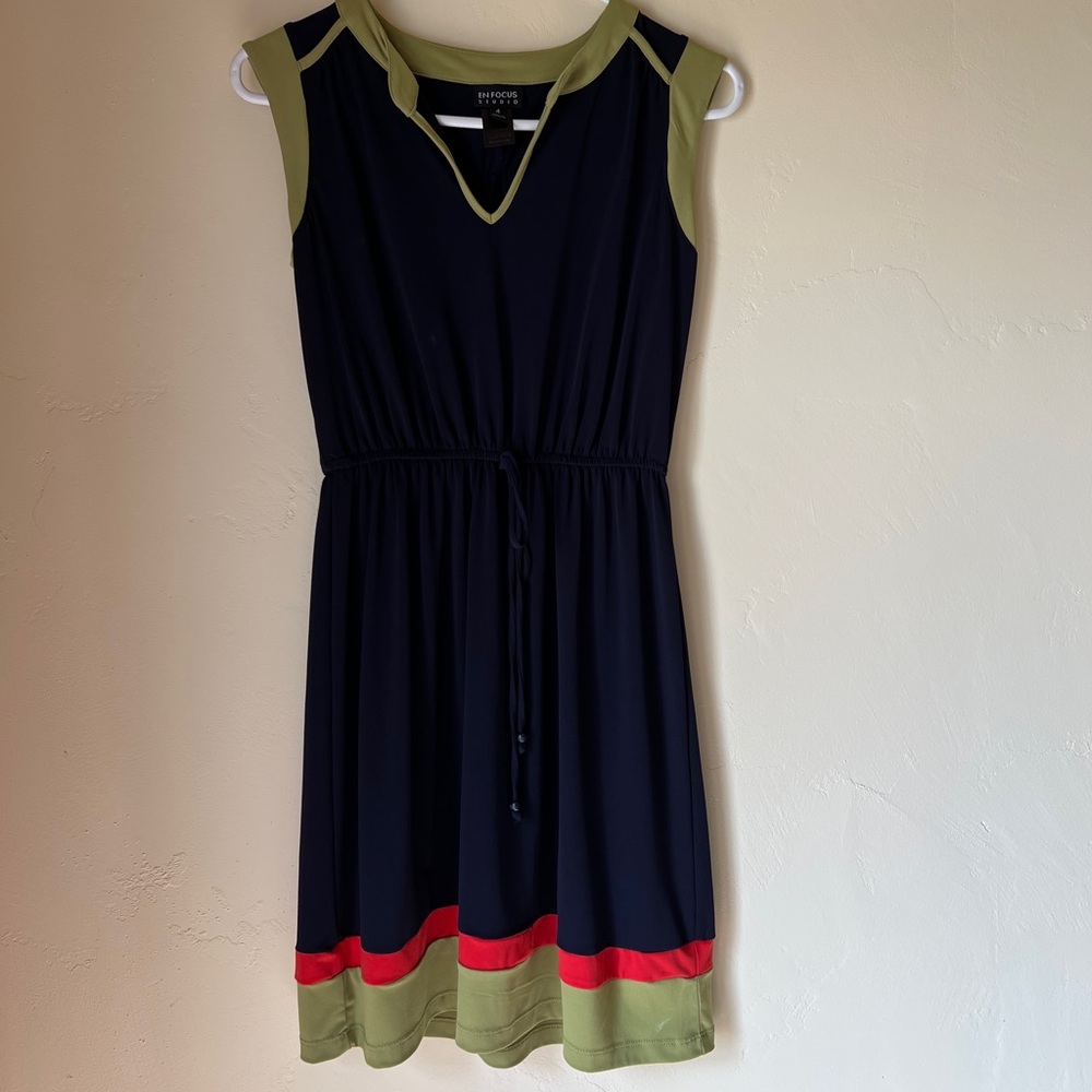 Navy Dress with Olive Trim